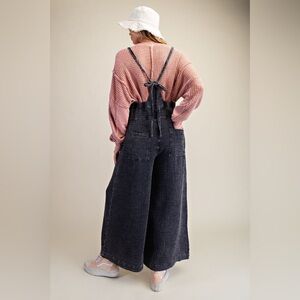 Easel Wide Leg Overalls Washed Cotton Jumpsuit Pockets Boho Black NWT
